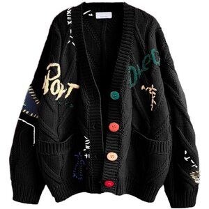 Womens Cable Knit Long Sleeve Open Front Sheep V-Neck Button Embroidery Sweater